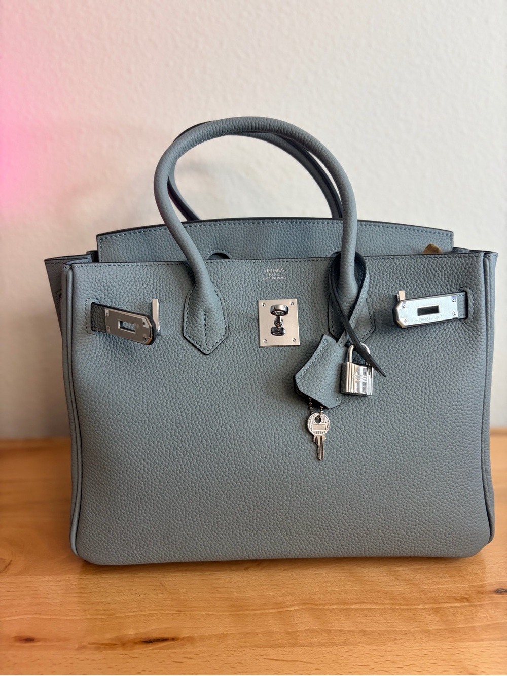Cloudy skies Satchel Bleu Lin chai Gris PHW PLK vintage Togo light blue 30 - Picture 8 of 15